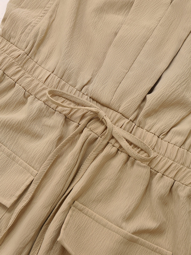 Khaki 1930s V-Neck Pocket Solid Romper - vintage jumpsuit, retro fashion
