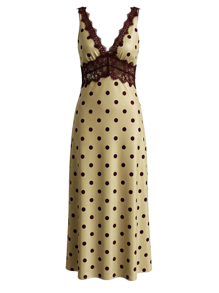 Dark Khaki 1930s Polka Dot Lace Halter Maxi Dress 2