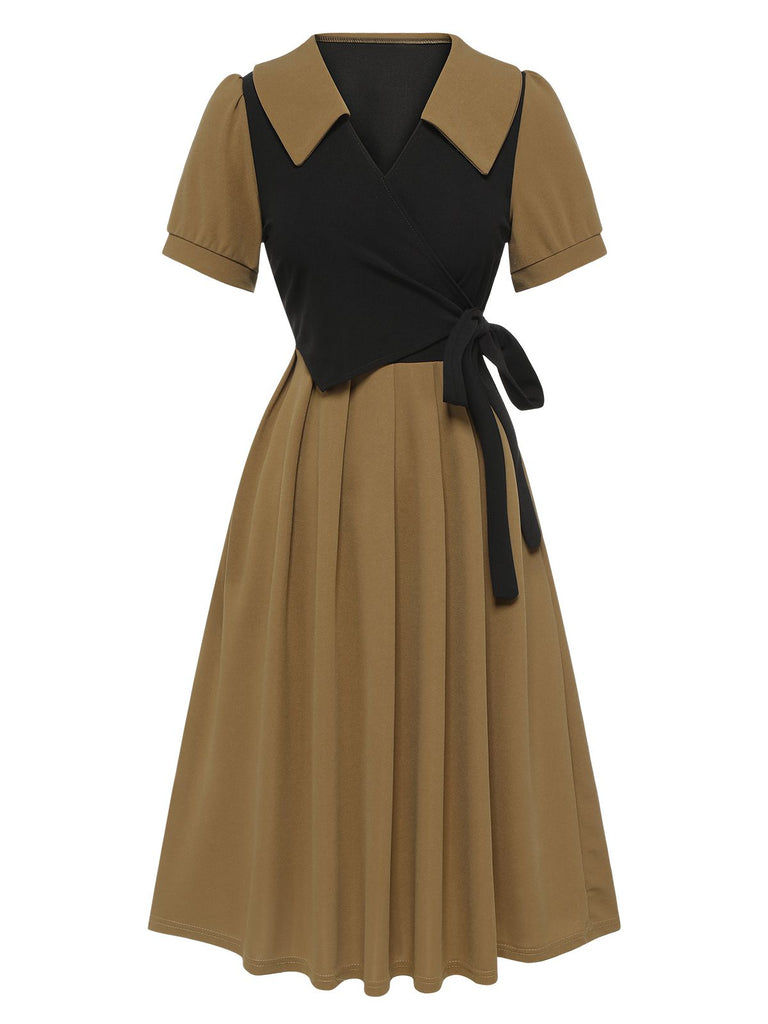 Khaki 1940s Fake 2PCS Lapel A-Line Dress, vintage dress, retro fashion - perfect for women who love vintage and retro fashion