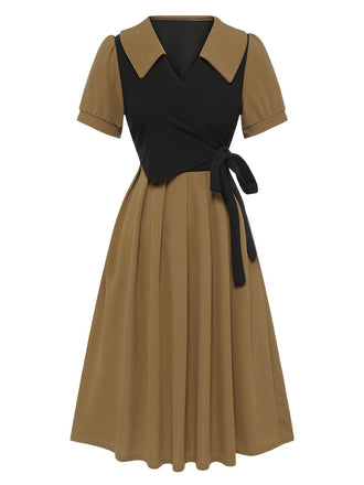 Khaki 1940s Fake 2PCS Lapel A-Line Dress, vintage dress, retro fashion - perfect for women who love vintage and retro fashion