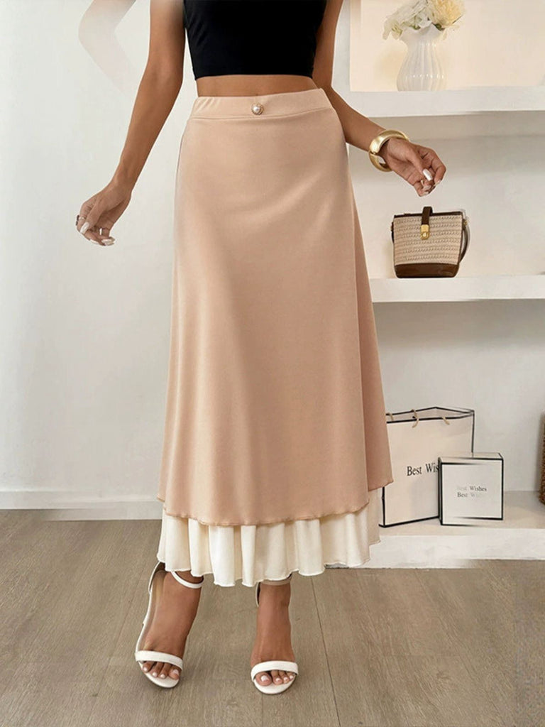 Khaki 1940s Pearl Double Layer A-Line Skirt - vintage skirt, retro style