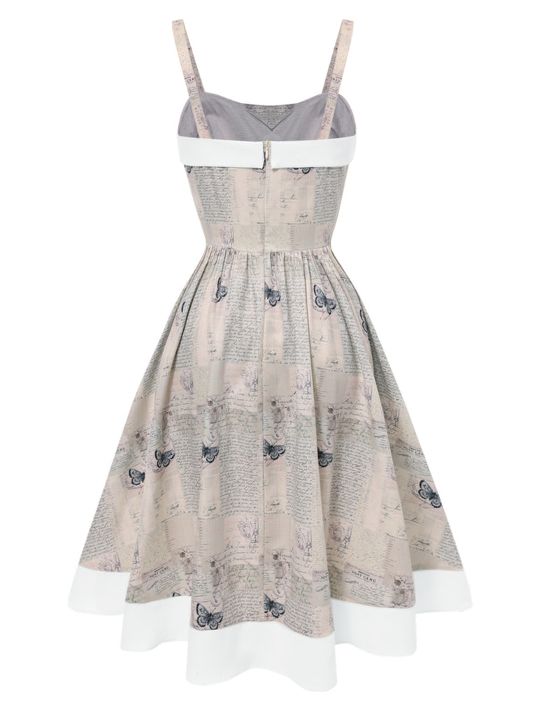 Khaki 1950s Newspaper Butterfly Patchwork Dress - vintage dress, retro fashion, rockabilly