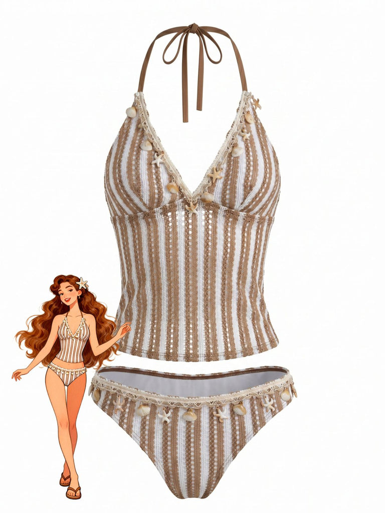 Khaki 1950s Striped Crochet 3D Seashell & Starfish Tankini Set - vintage fashion, retro style for vintage lovers