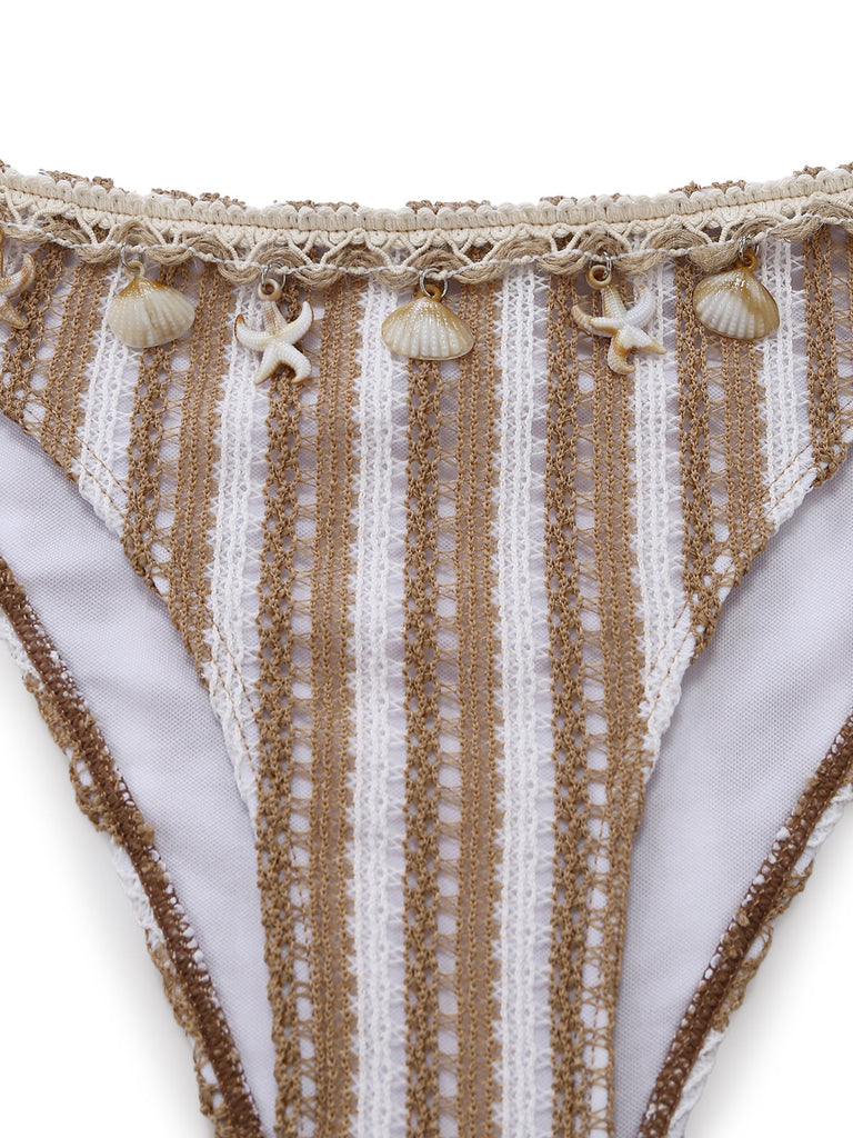 Khaki 1950s Striped Crochet 3D Seashell & Starfish Tankini Set - vintage fashion, retro style for vintage lovers