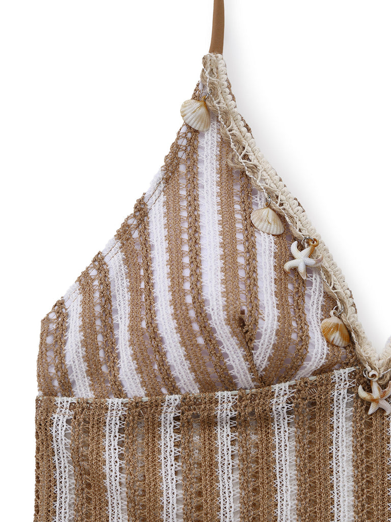 Khaki 1950s Striped Crochet 3D Seashell & Starfish Tankini Set - vintage fashion, retro style for vintage lovers