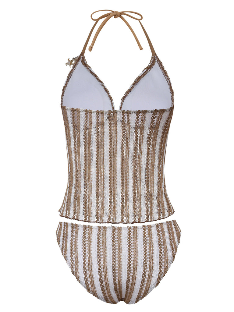 Khaki 1950s Striped Crochet 3D Seashell & Starfish Tankini Set - vintage fashion, retro style for vintage lovers