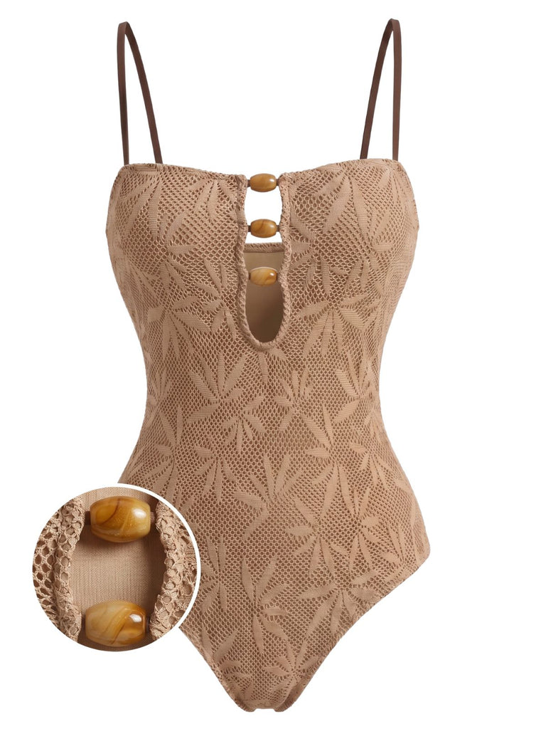 Khaki 1960s Jacquard Beaded One-Piece Swimsuit 4