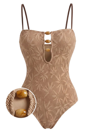Khaki 1960s Jacquard Beaded One-Piece Swimsuit 4