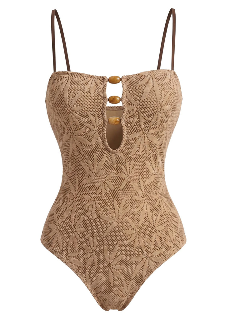 Khaki 1960s Jacquard Beaded One-Piece Swimsuit 3