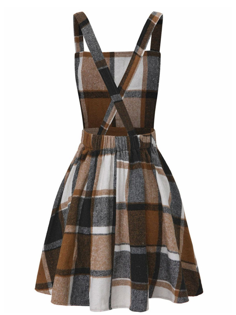Khaki 1960s Square Neck Plaid Overall Dress - vintage dress, retro fashion