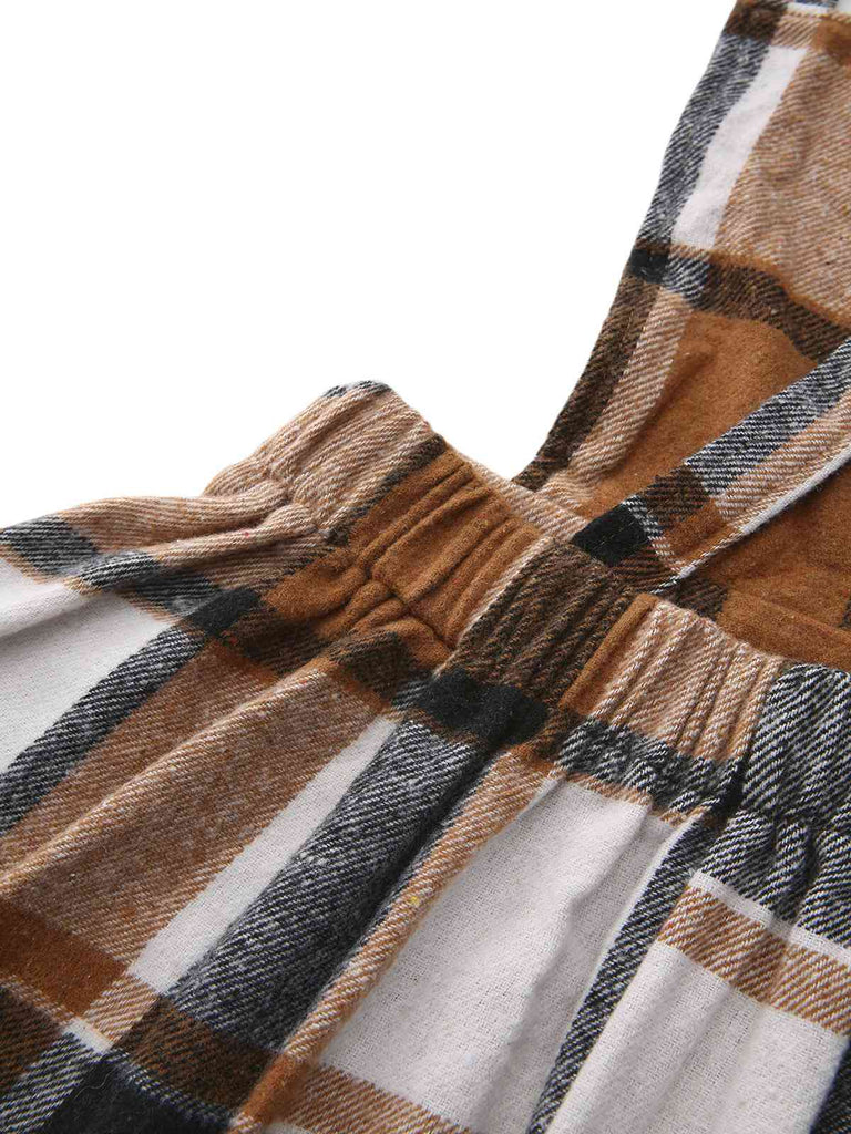 Khaki 1960s Square Neck Plaid Overall Dress - vintage dress, retro fashion