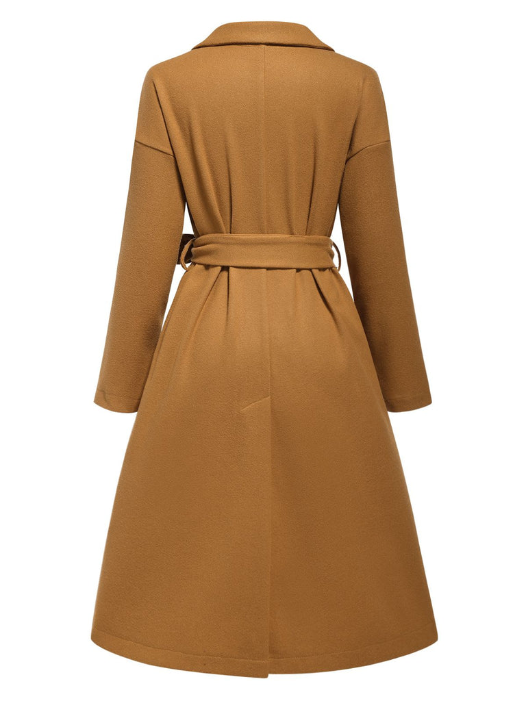 Khaki 1960s Turn-Up Collar Solid Belted Coat, vintage coat, retro outerwear - perfect for women who love vintage and retro fashion