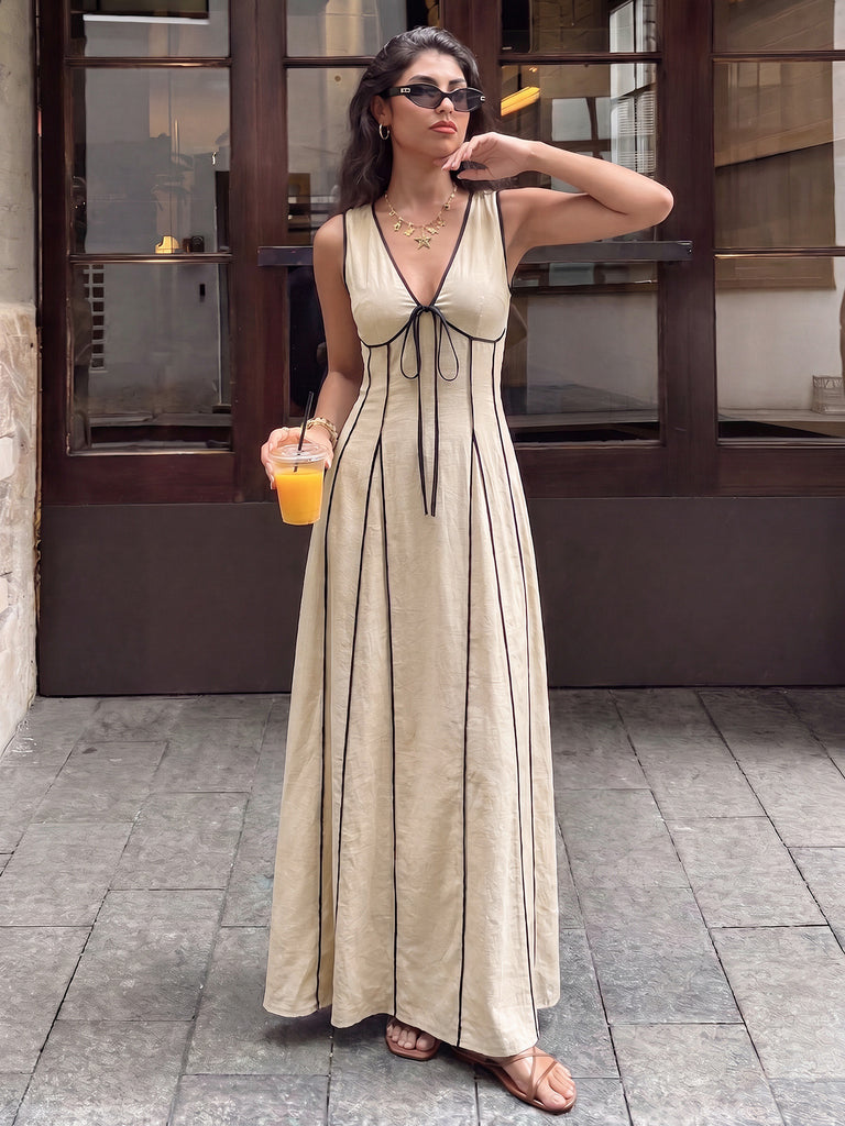 Khaki 1950s V Neck Patchwork Dress 3
