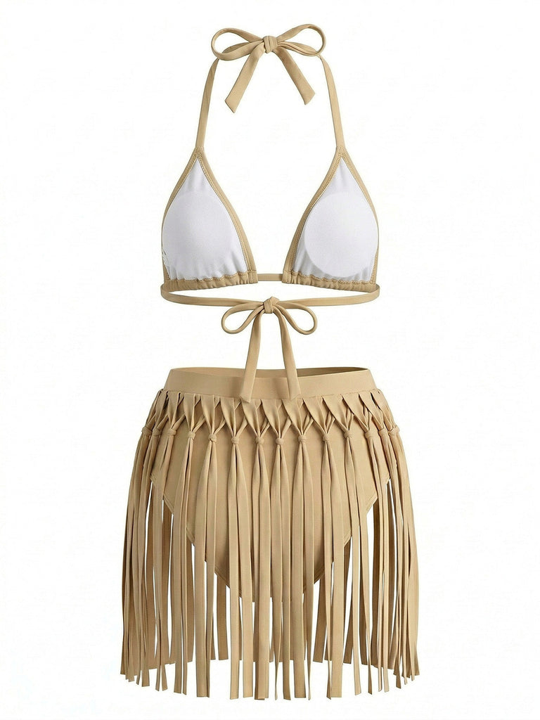 Khaki 1940s Fringe Two Piece Bikini Set