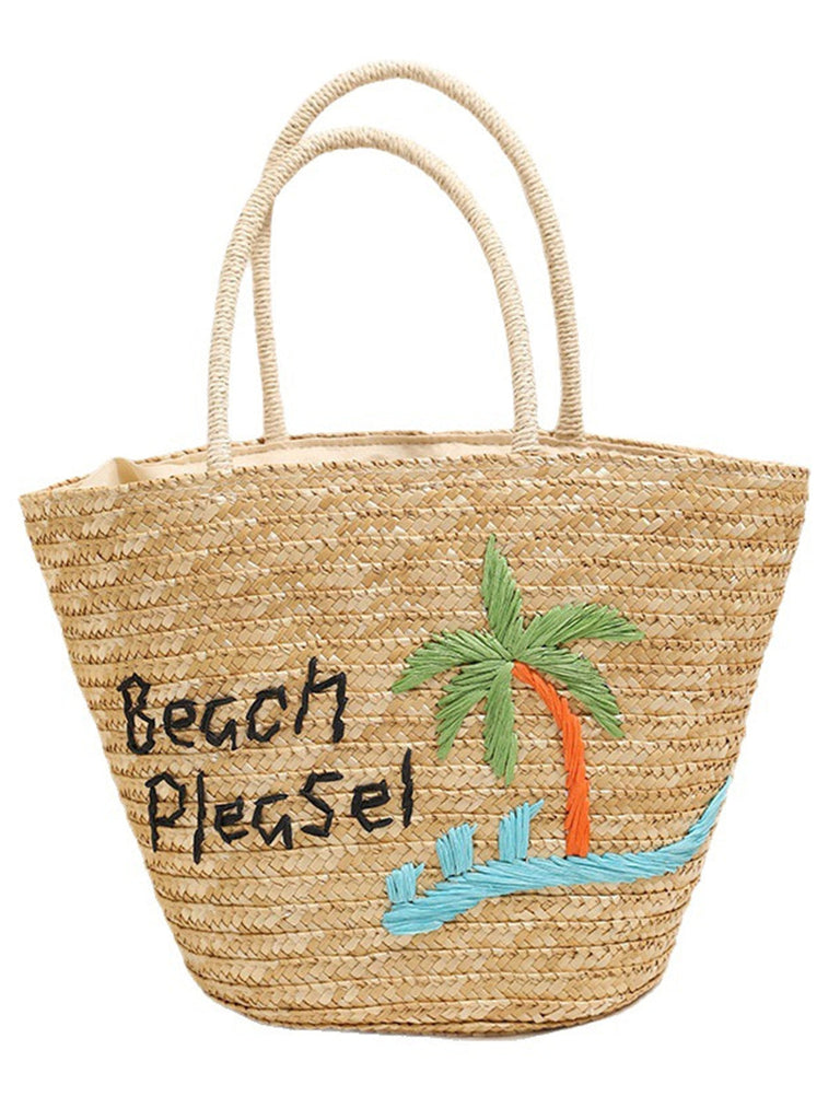 Khaki Coconut Palm Embroidered Straw Beach Tote Bag - vintage bag, retro purse for vintage lovers