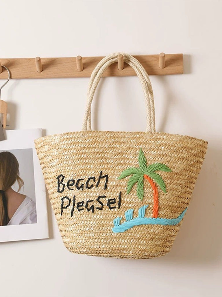 Khaki Coconut Palm Embroidered Straw Beach Tote Bag - vintage bag, retro purse for vintage lovers
