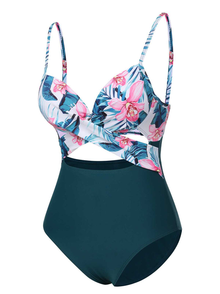 Lake Green 1930s Spaghetti Strap Floral Swimsuit: 1930s Riviera elegance, reimagined for her