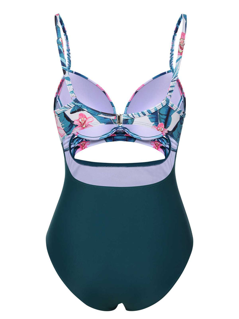 This Lake Green 1930s Spaghetti Strap Floral Swimsuit carries 1930s vacation dreams in every stitch