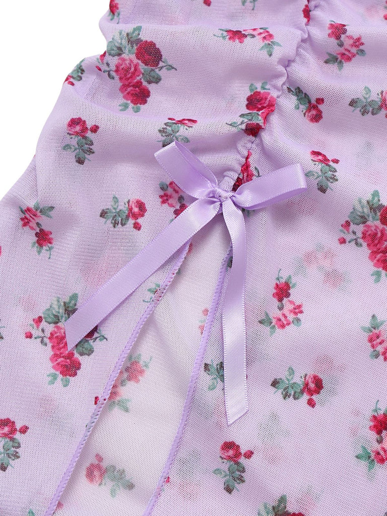 This Lavender 1930s Ditsy Floral Bow Slip Nightdress wraps her in 1930s elegance, one twirl at a time