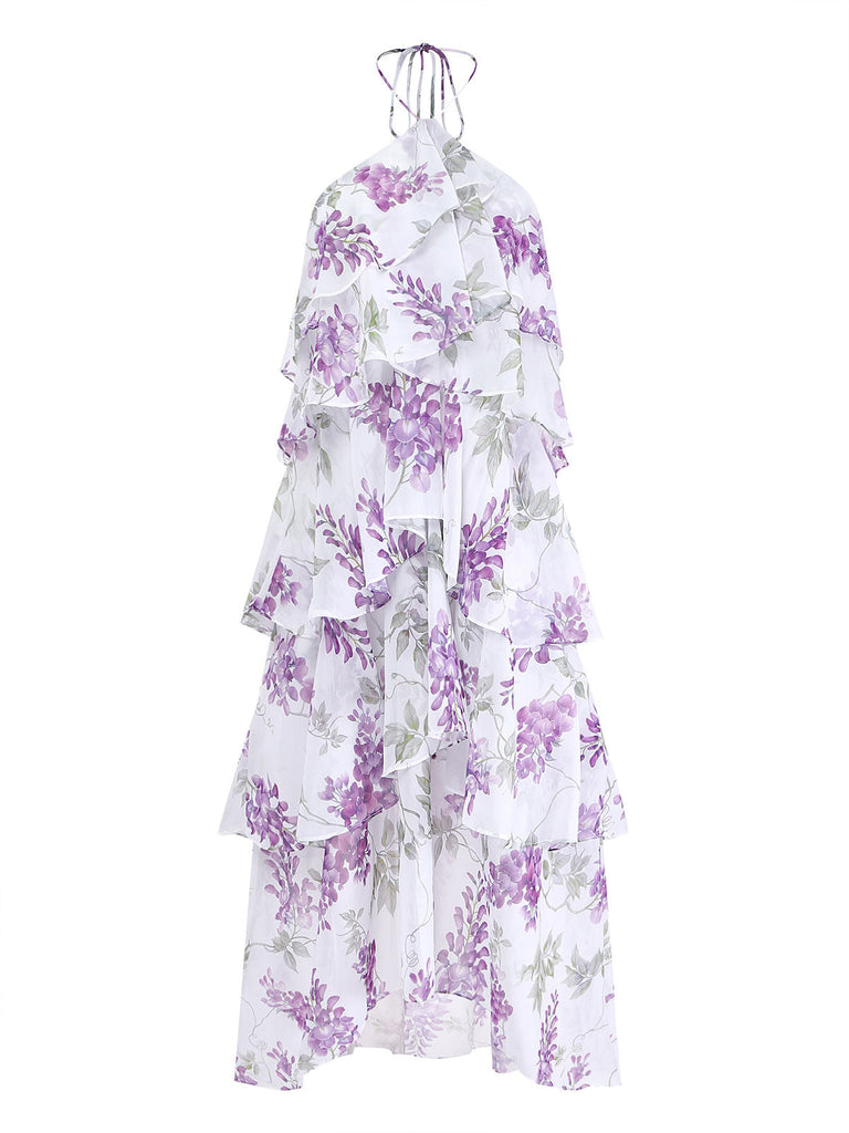 Lavender-1930s-Floral-Halter-Tiered-Ruffled-Dress, vintage, retro, dress