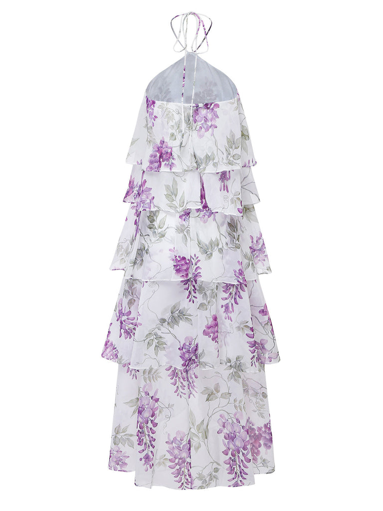 Lavender-1930s-Floral-Halter-Tiered-Ruffled-Dress, vintage, retro, dress