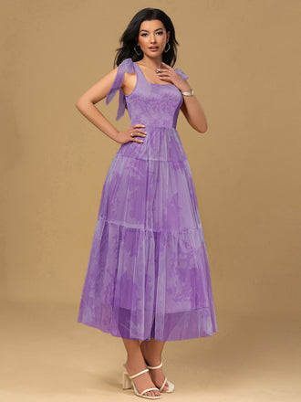 Lavender 1930s Floral Lace-Up Mesh Dress - vintage dress, retro fashion