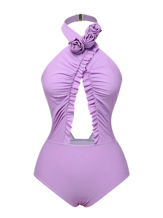 Lavender 1940s 3D Flowers Halter One-Piece Swimsuit, vintage swimsuit, pin-up swimwear - perfect for women who love vintage and retro fashion