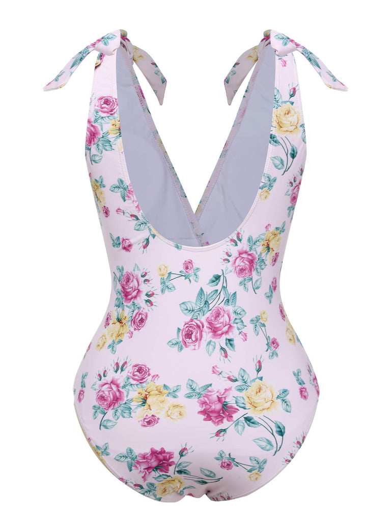 Lavender 1940s Floral Shoulder Tie Swimsuit, vintage swimsuit, pin-up swimwear - perfect for women who love vintage and retro fashion