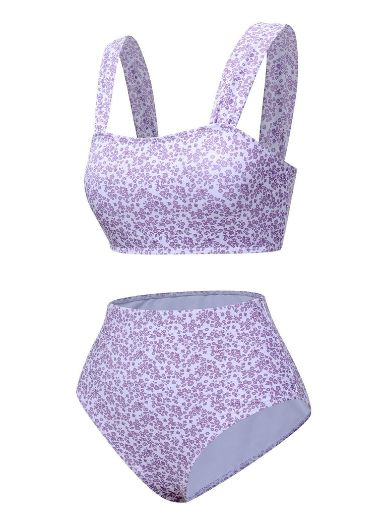 Lavender 1950s Floral Wide Strap Swimsuit, vintage swimsuit, pin-up swimwear - perfect for women who love vintage and retro fashion