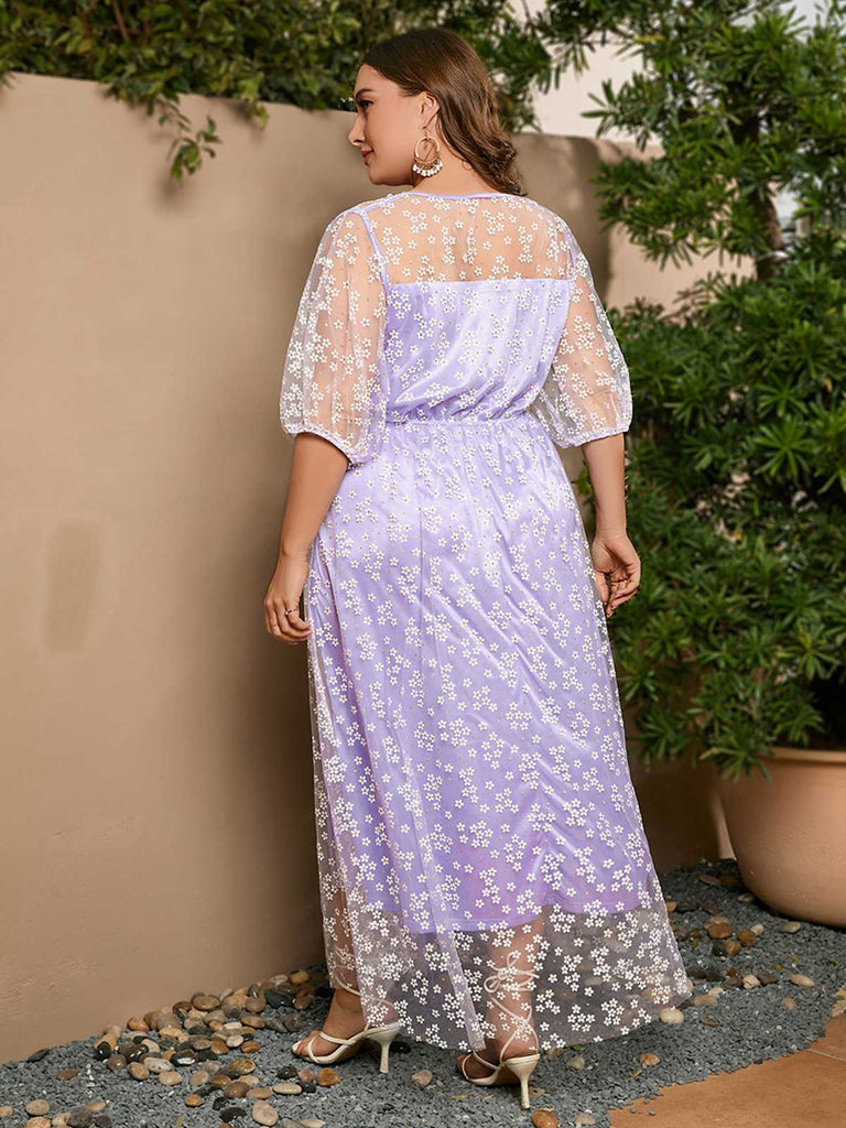 This Lavender 1950s Mesh Flower Embroidered Dress wraps her in 1950s elegance, one twirl at a time