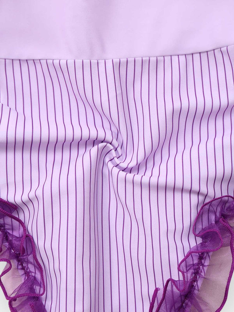 Lavender 1950s Stripe Mesh Ruffle One-Piece Swimsuit — because 1950s glamour never goes out of style