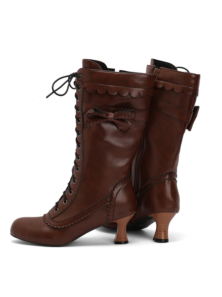 She finds her vintage story in this Leather Bow Lace-Up Calf High Boots