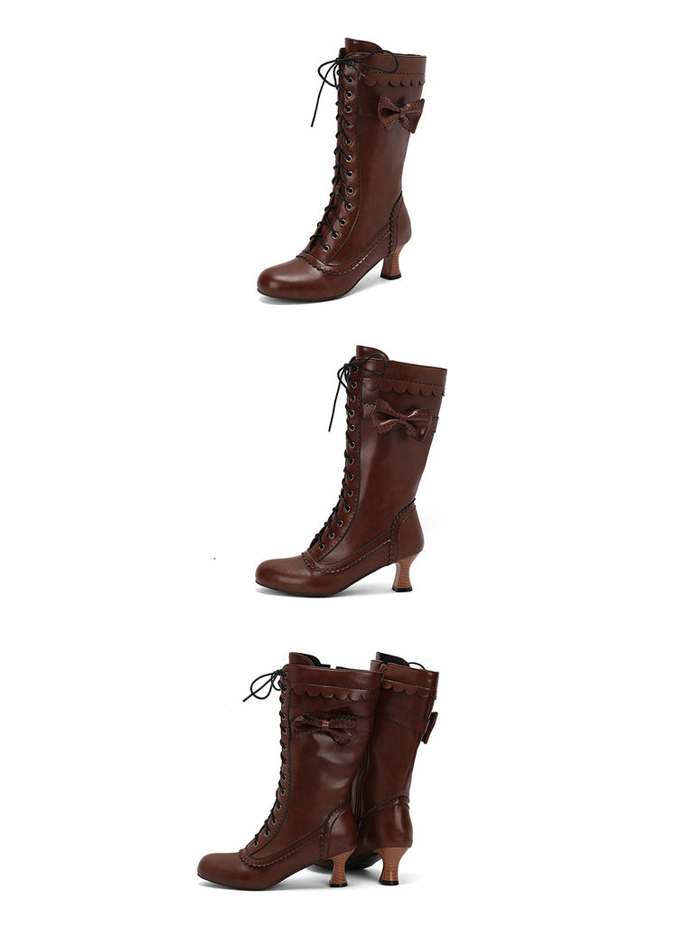 Leather Bow Lace-Up Calf High Boots — vintage vintage charm for her modern wardrobe