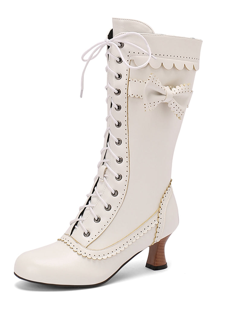 She finds her vintage story in this Leather Bow Lace-Up Calf High Boots