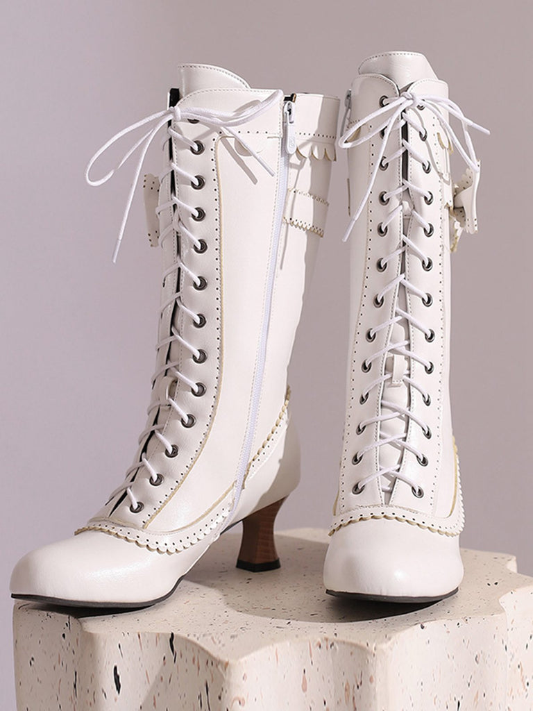 Leather Bow Lace-Up Calf High Boots: timeless vintage elegance she makes her own