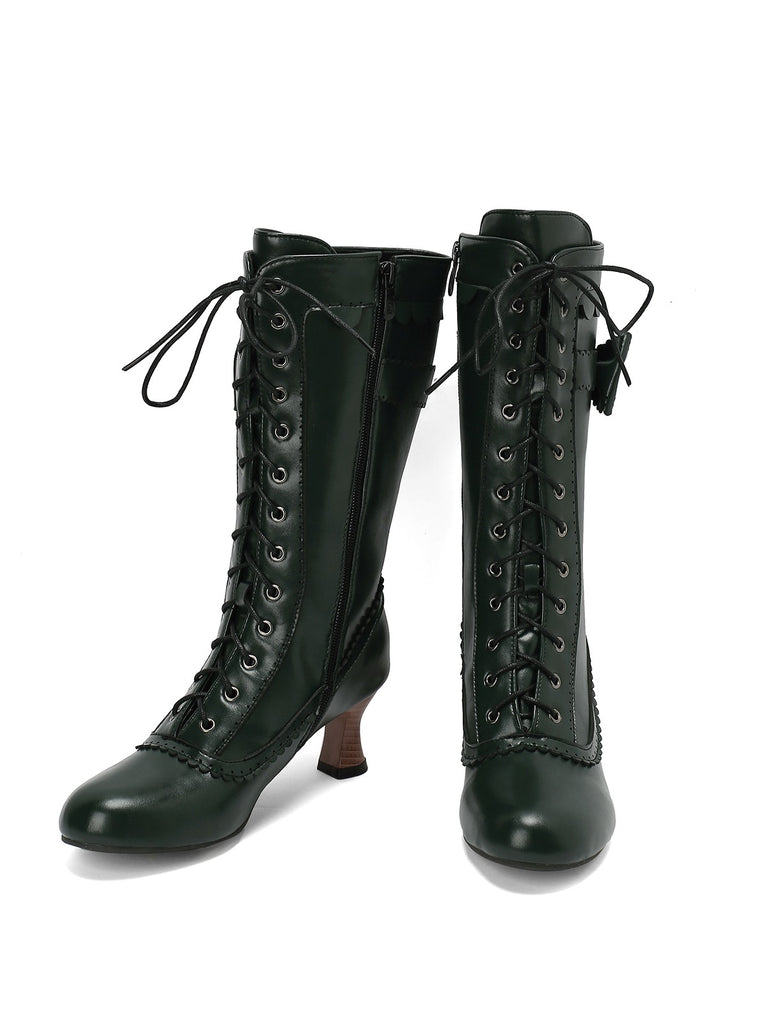 This Leather Bow Lace-Up Calf High Boots whispers vintage secrets to those who notice