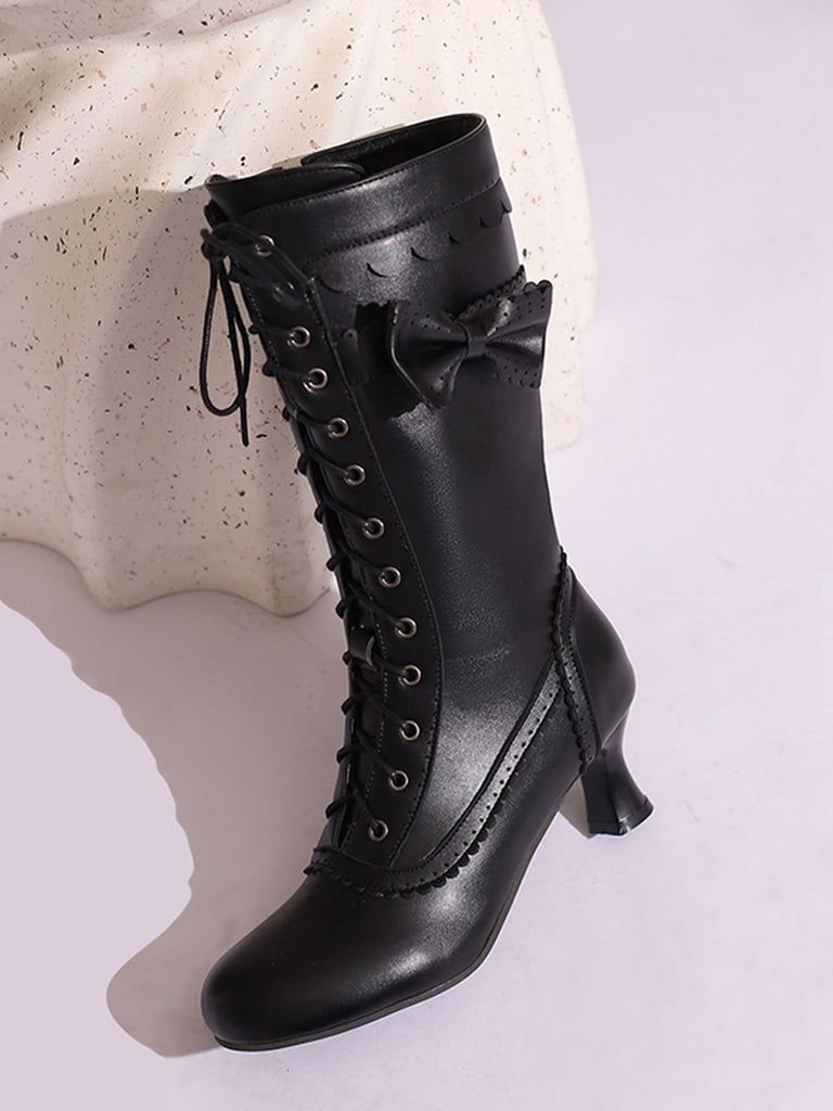 This Leather Bow Lace-Up Calf High Boots whispers vintage secrets to those who notice