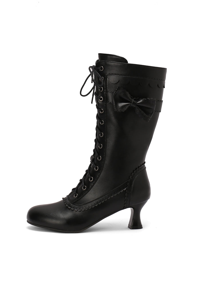 She finds her vintage story in this Leather Bow Lace-Up Calf High Boots