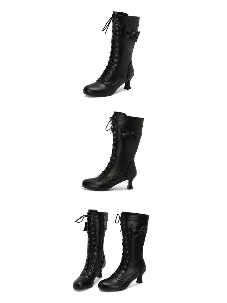 Leather Bow Lace-Up Calf High Boots: timeless vintage elegance she makes her own