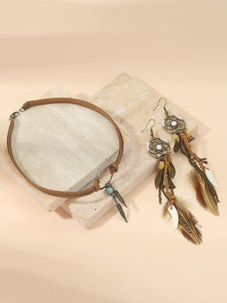 Leather Choker & Feather Dreamcatcher Tassel Earrings Set - vintage fashion, retro style