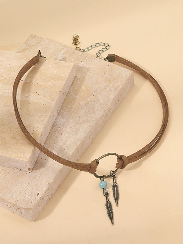 Leather Choker & Feather Dreamcatcher Tassel Earrings Set - vintage fashion, retro style