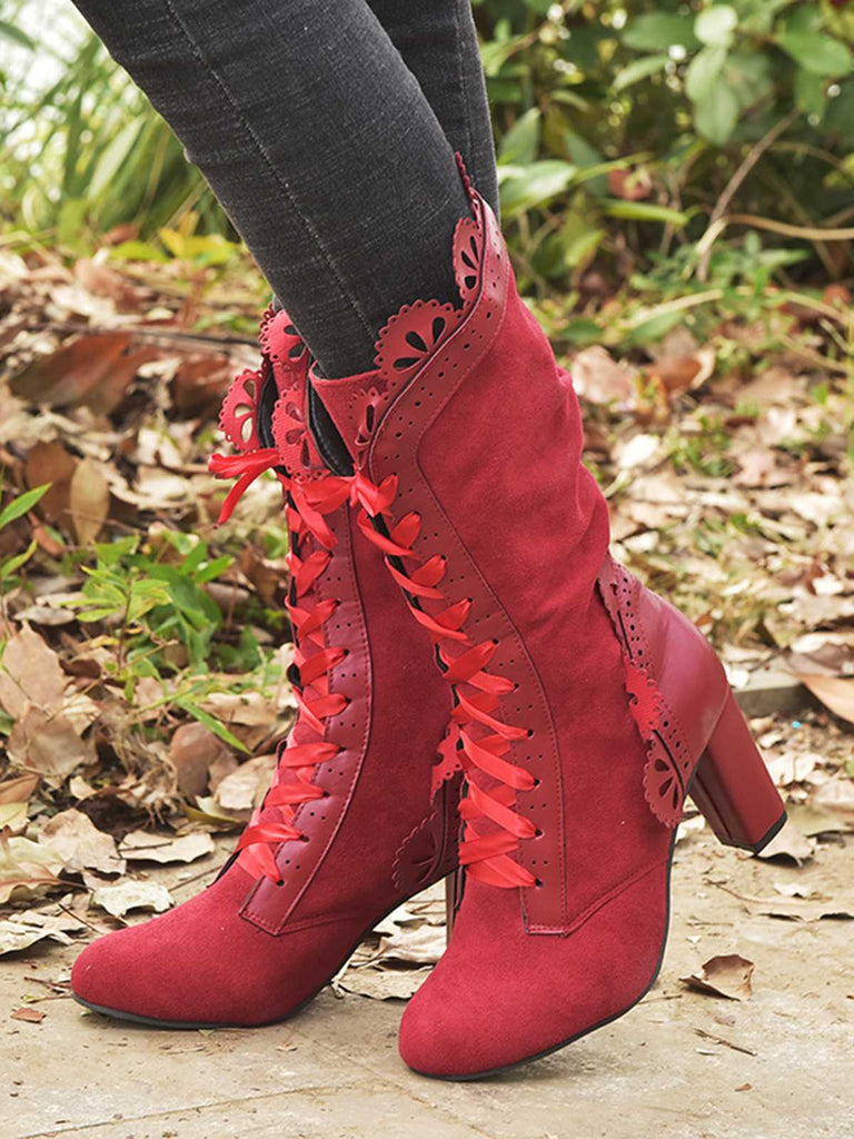 Leather Petal Edge Lace-Up Mid-Calf Boots: timeless vintage elegance she makes her own