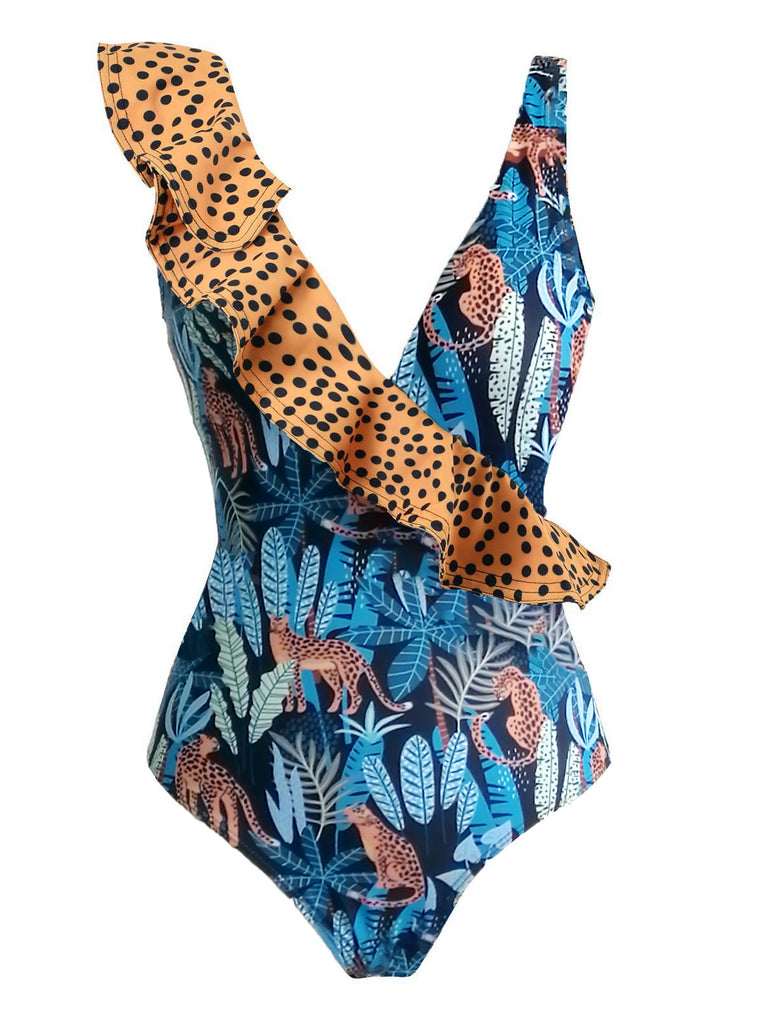 Leopard 1960s Ruffle Polka Dot Swimsuit & Cover-up, vintage swimsuit, pin-up swimwear - perfect for women who love vintage and retro fashion
