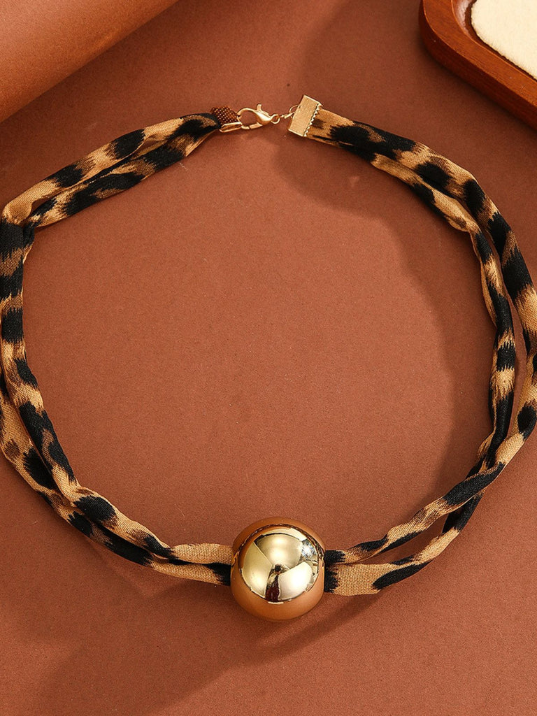 Leopard Print Cord Gold Ball Pendant Necklace - vintage jewelry, Art Deco for vintage lovers