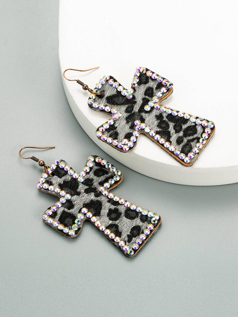 Leopard Rhinestones Cross Pendant Earrings: vintage detail work for the woman who notices