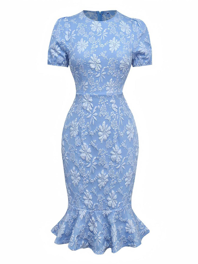 Light Blue 1930s Daisy Puff Sleeve Dress - vintage dress, retro fashion