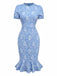 Light Blue 1930s Daisy Puff Sleeve Dress - vintage dress, retro fashion