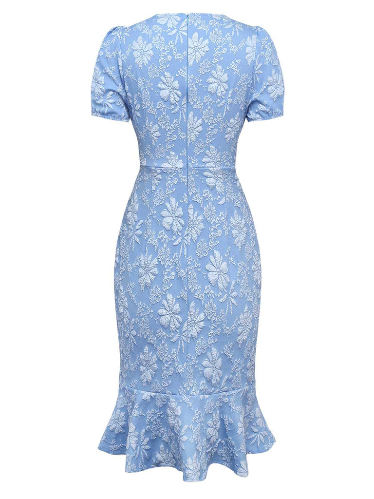 Light Blue 1930s Daisy Puff Sleeve Dress - vintage dress, retro fashion