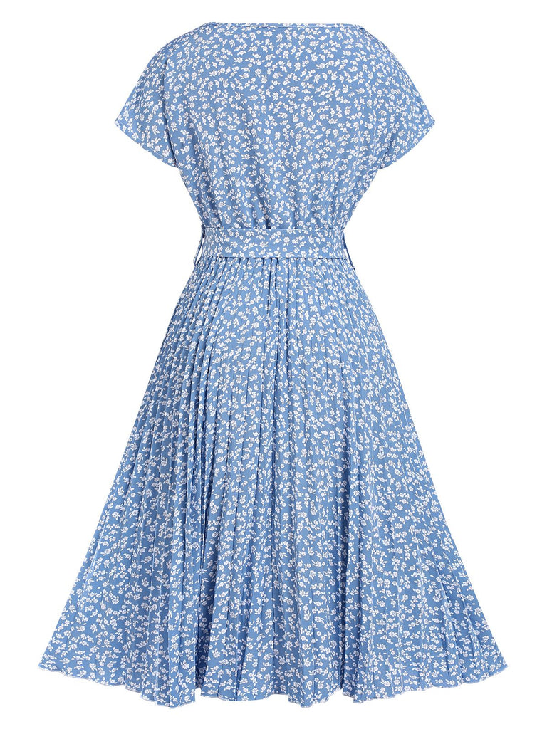Light Blue 1940s Floral Pleated Dress, vintage dress, retro fashion, floral print - perfect for women who love vintage and retro fashion