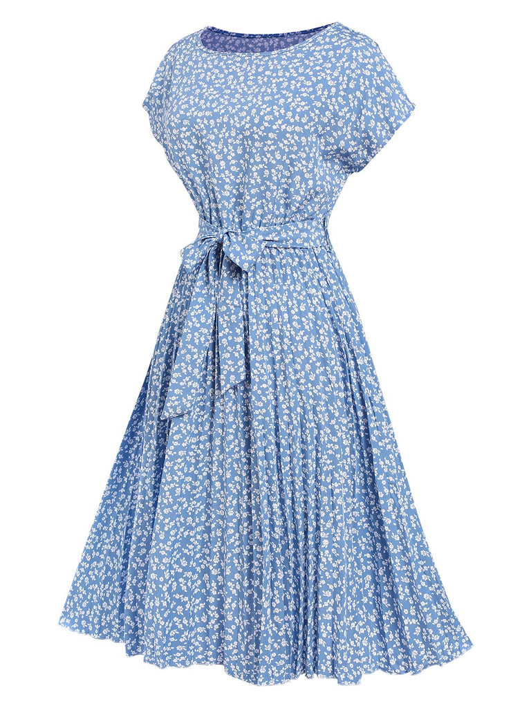 Light Blue 1940s Floral Pleated Dress, vintage dress, retro fashion, floral print - perfect for women who love vintage and retro fashion